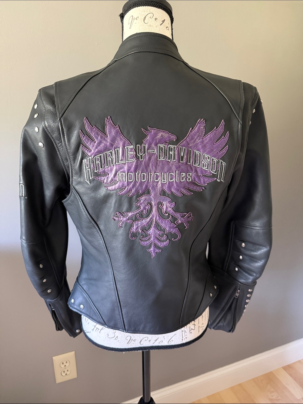 Harley-Davidson Black Leather Jacket with Purple Embroidered Back
